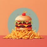 An illustration of a burger on a bed of fries