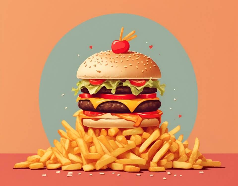 An illustration of a burger on a bed of fries