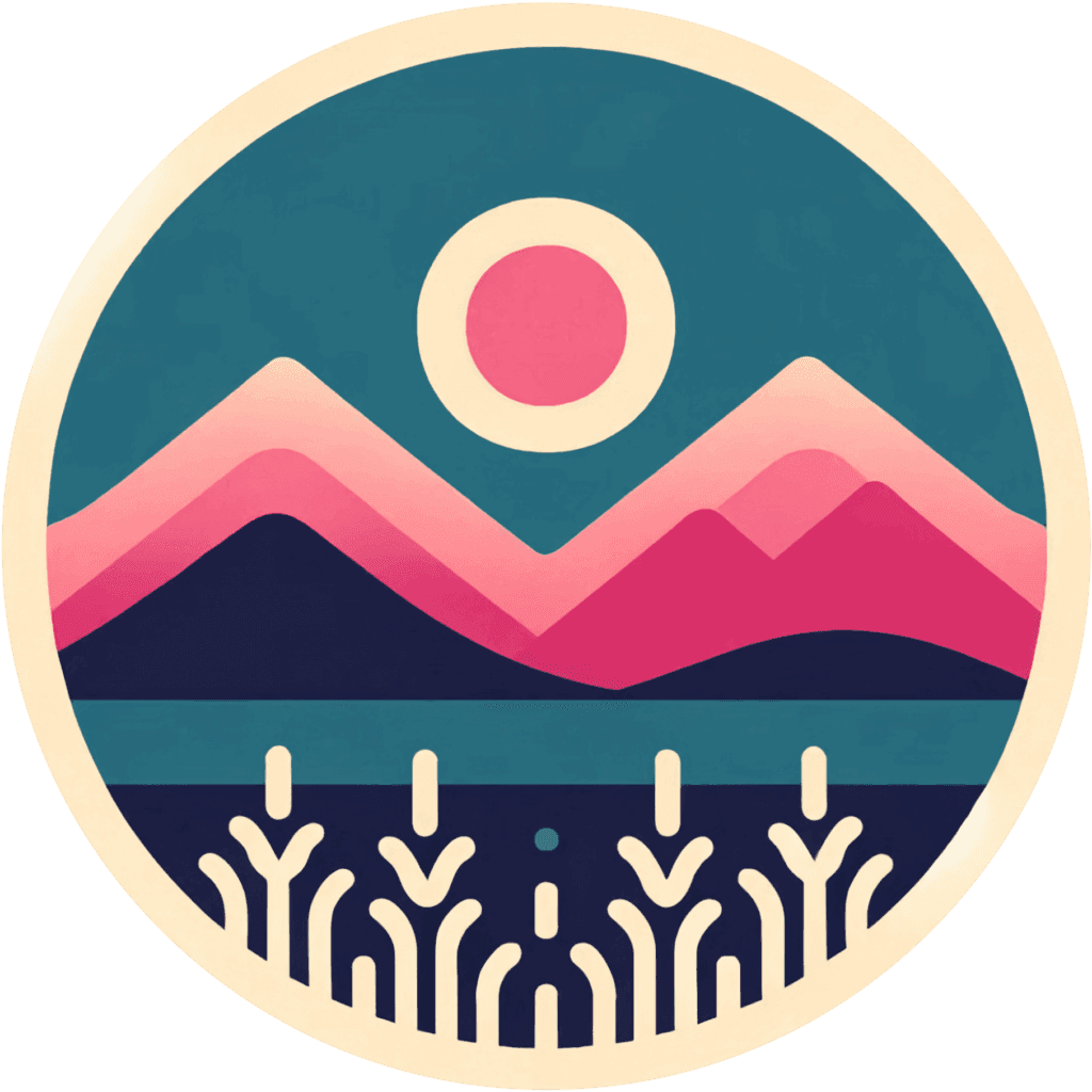 Logo for Functional Medicine Center of Albuquerque which features a teal and pink color scheme. The sun is shining down on a mountain range with a meadow in the foreground
