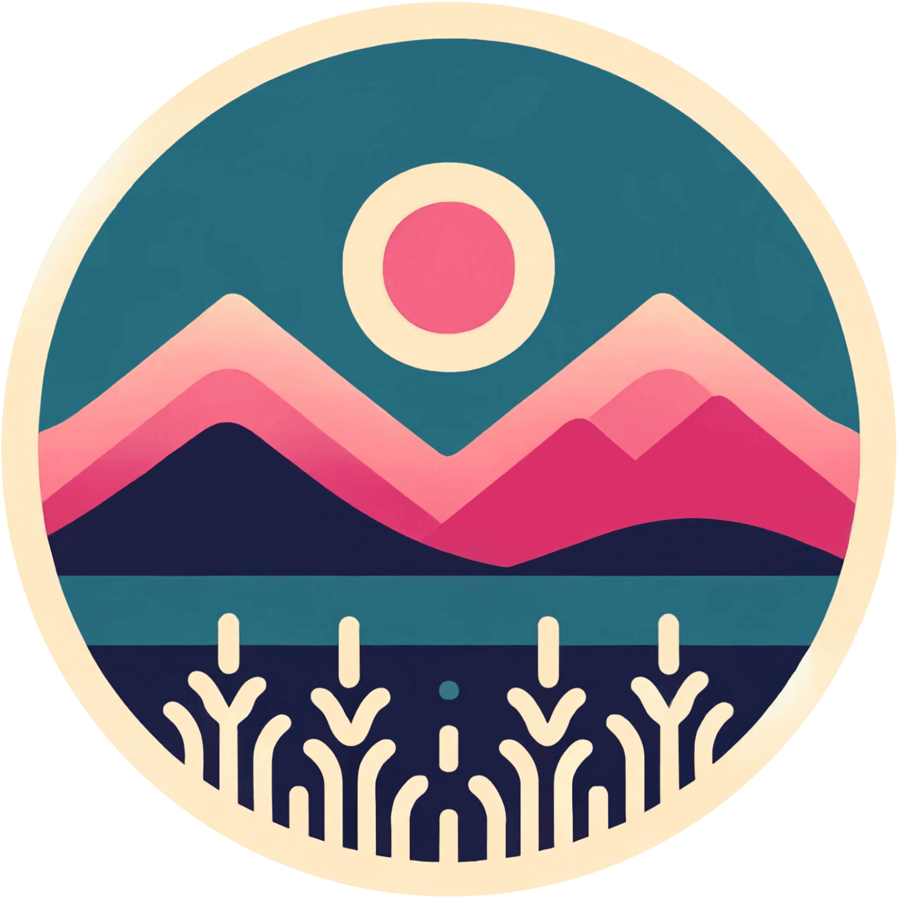 Logo for Functional Medicine Center of Albuquerque which features a teal and pink color scheme. The sun is shining down on a mountain range with a meadow in the foreground