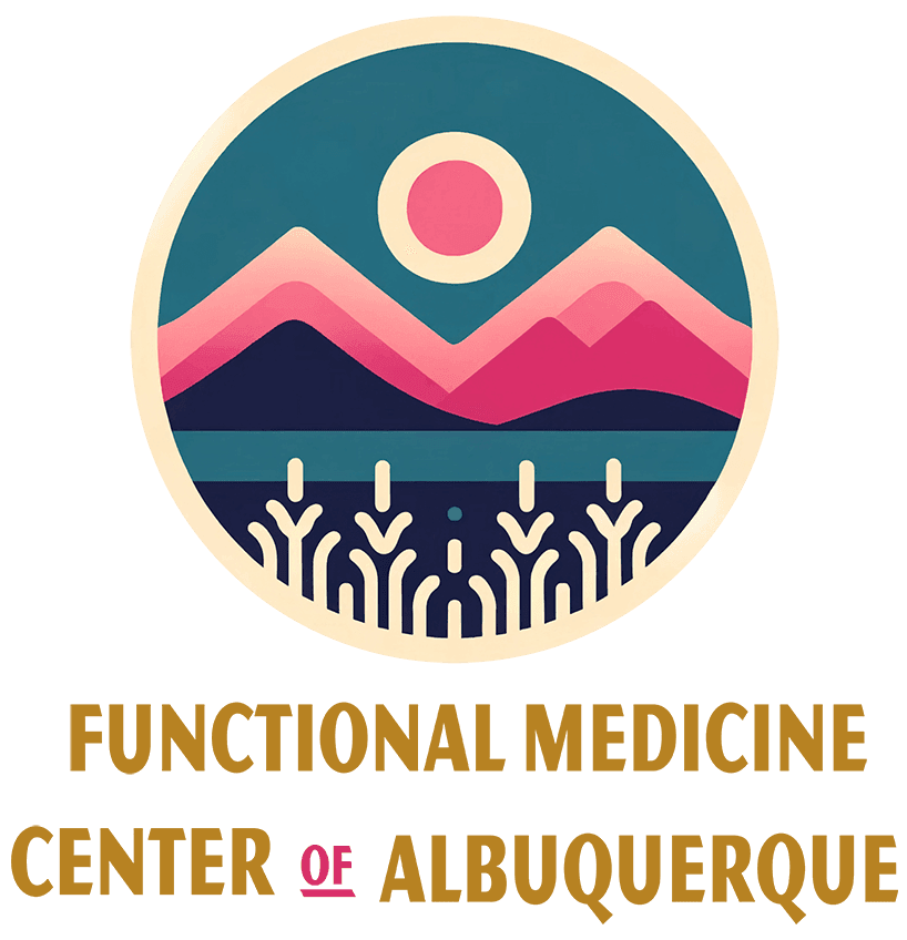 The Functional Medicine Center of Albuquerque logotype featuring a teal and pink scene with mountains and a meadow in the foreground